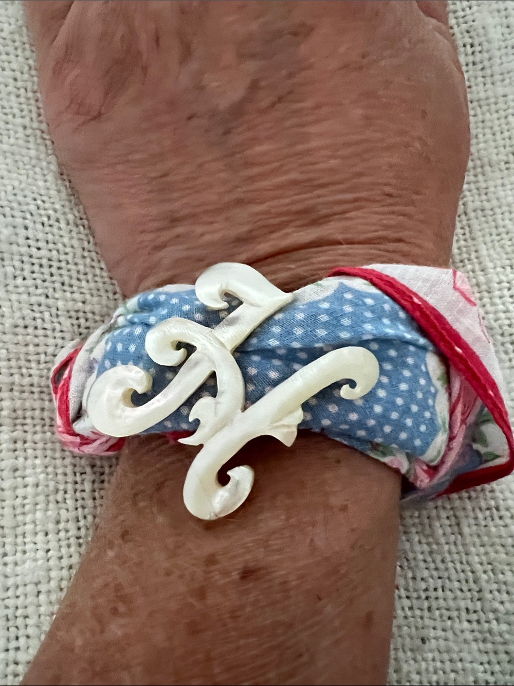 Handmade vintage hankie and brooch Bracelet with Decorative White Shell Clasp